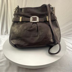 B. Makowsky Brown leather croc-effect crossbody with buckle. Front/back pocket.